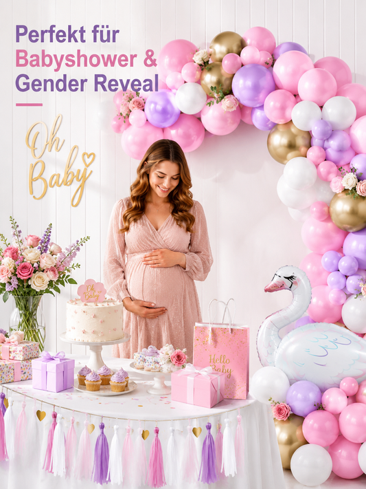 Schwan Ballongirlande als Dekoration für Babyshower und Gender Reveal mit pastellfarbenen Ballons.