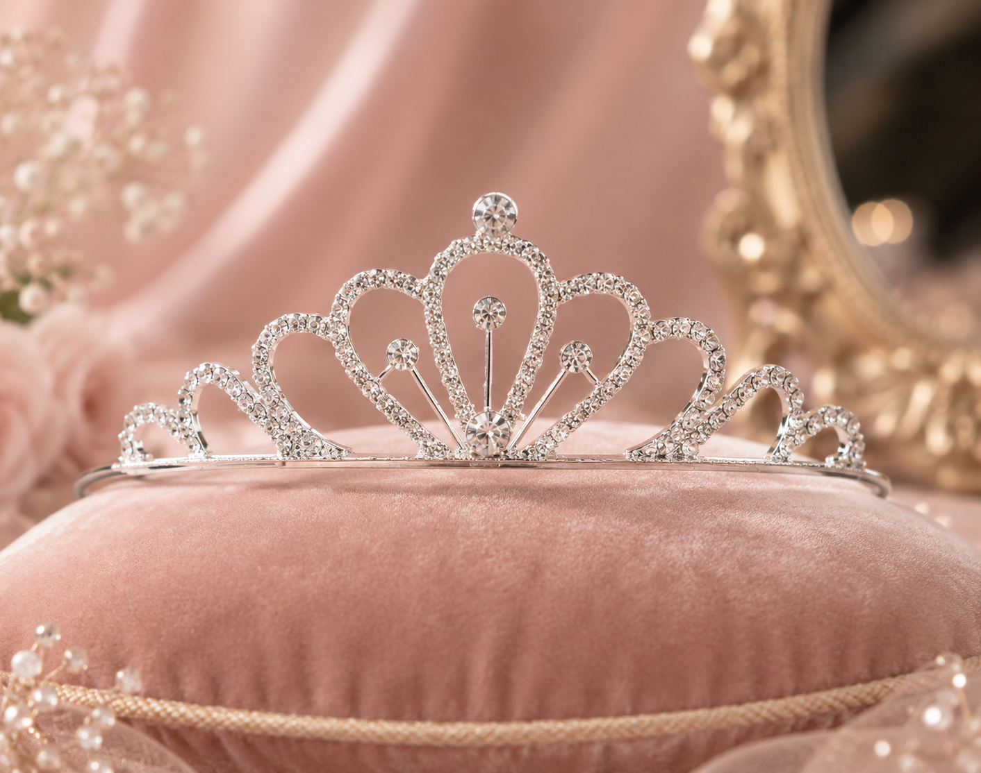 Tiara Aurelia – Filigrane silberfarbene Prinzessinnen-Tiara auf rosafarbenem Samtkissen