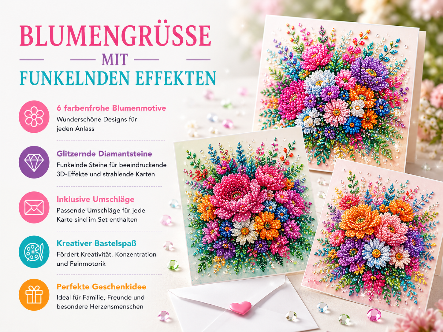 Diamond Painting Blumenkarten mit glitzernden Diamantsteinen und Umschlägen