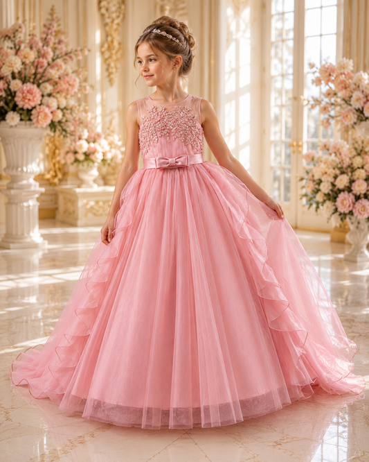 Mädchen trägt Majestia Festkleid in Rosa mit besticktem Oberteil und elegantem Tüllrock