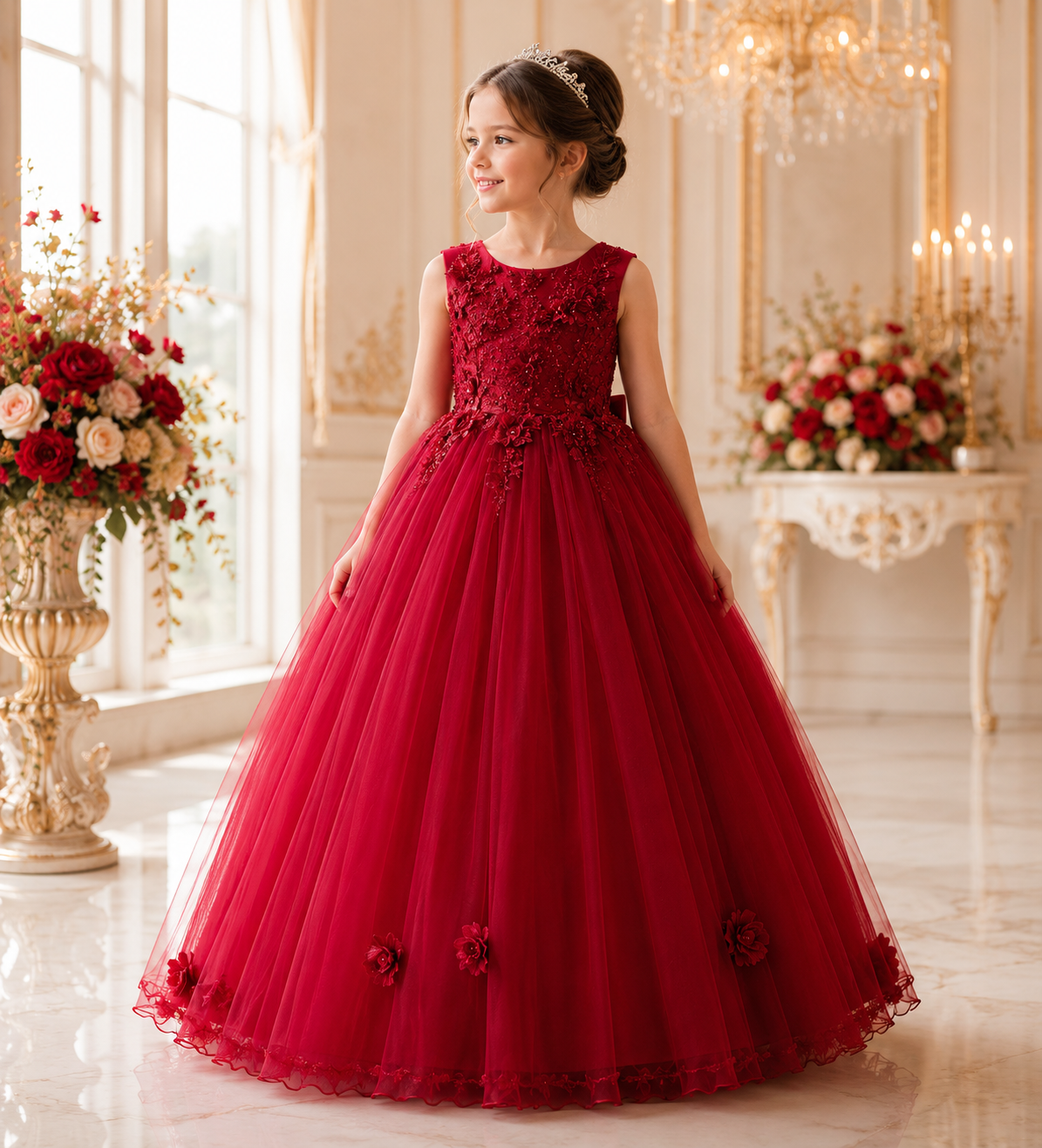 Floravia Mädchen Ballkleid in Bordeauxrot mit floralen Applikationen und voluminösem Tüllrock für festliche Anlässe