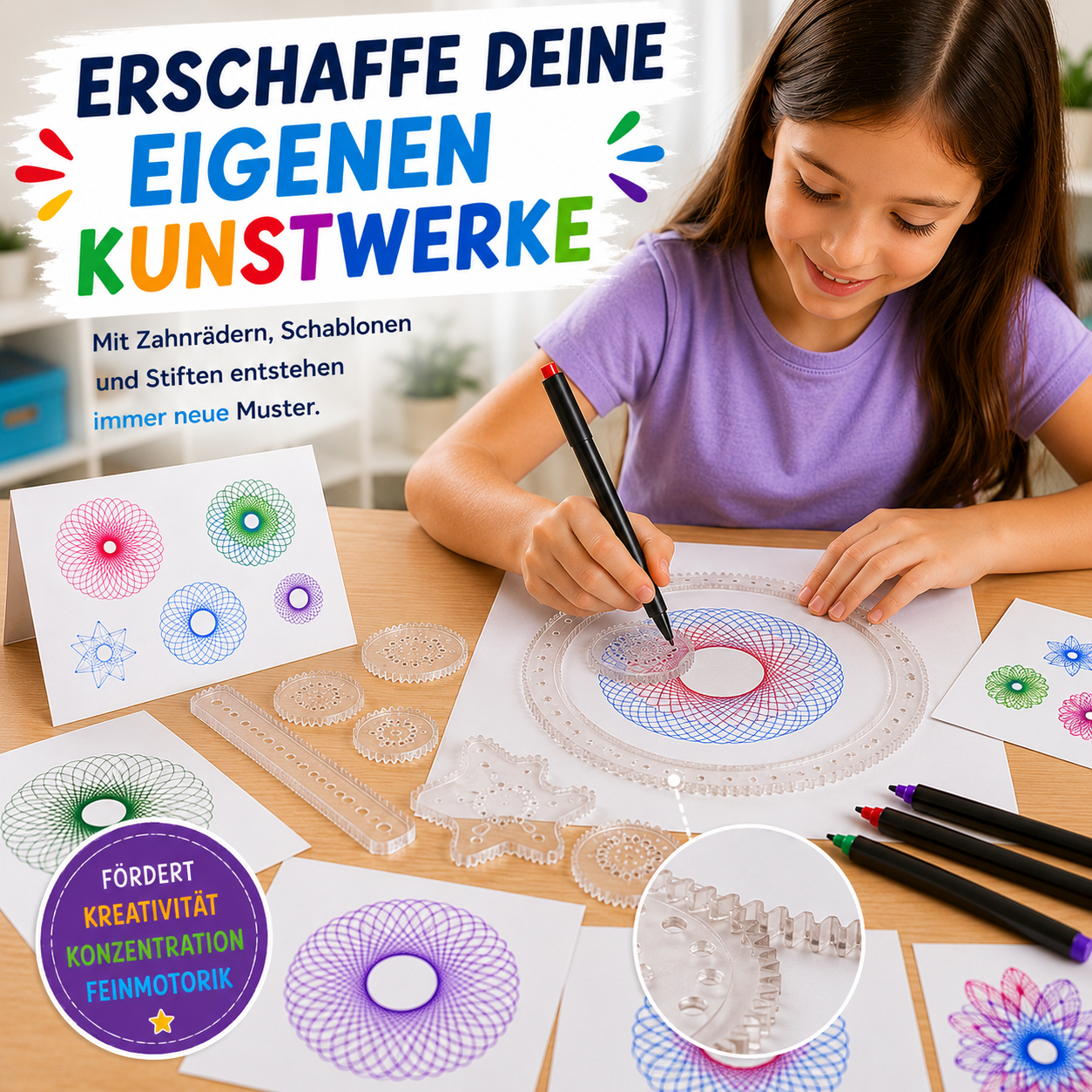 Kind erstellt mit dem Spirograph Deluxe Set kreative geometrische Kunstwerke und Muster