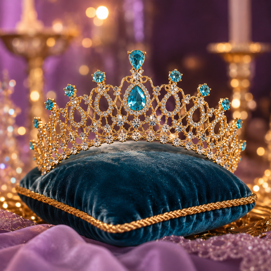 Tiara Azurelle – Goldfarbene Prinzessinnen-Krone mit blauen Kristallen, Frontansicht