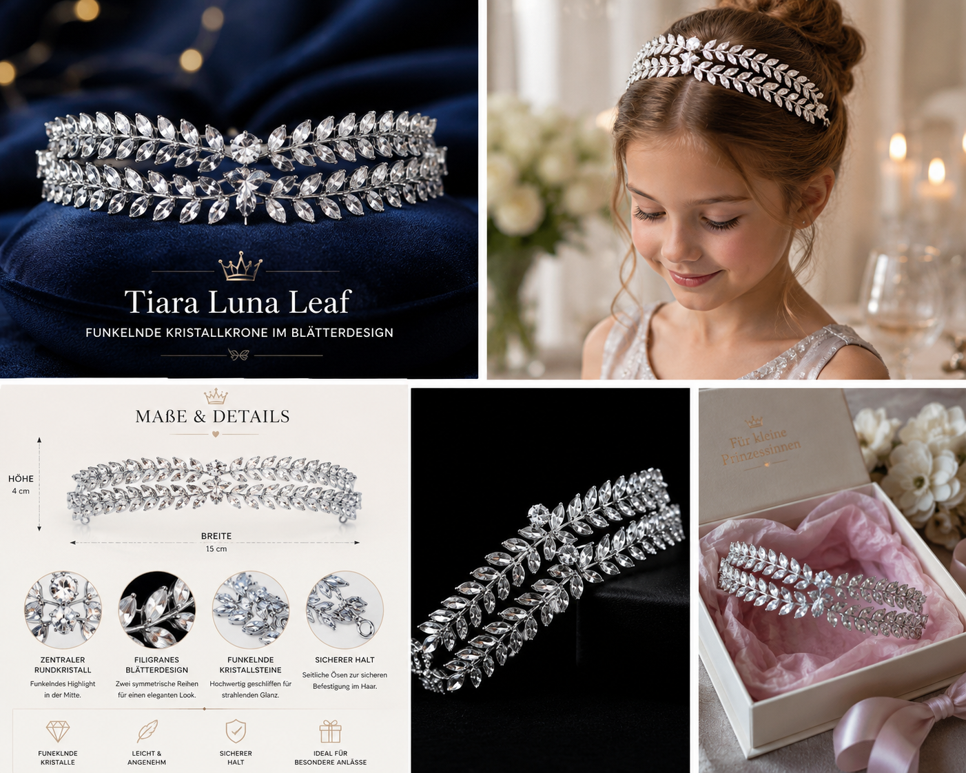 Tiara Luna Leaf silberne Kristallkrone mit filigranem Blätterdesign auf Samtkissen