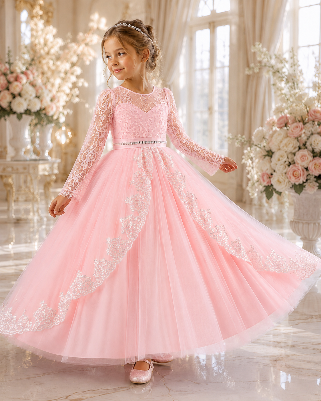 Mädchen trägt das Celestial Prinzessinnenkleid in Rosa bei einer eleganten Feier mit floraler Dekoration