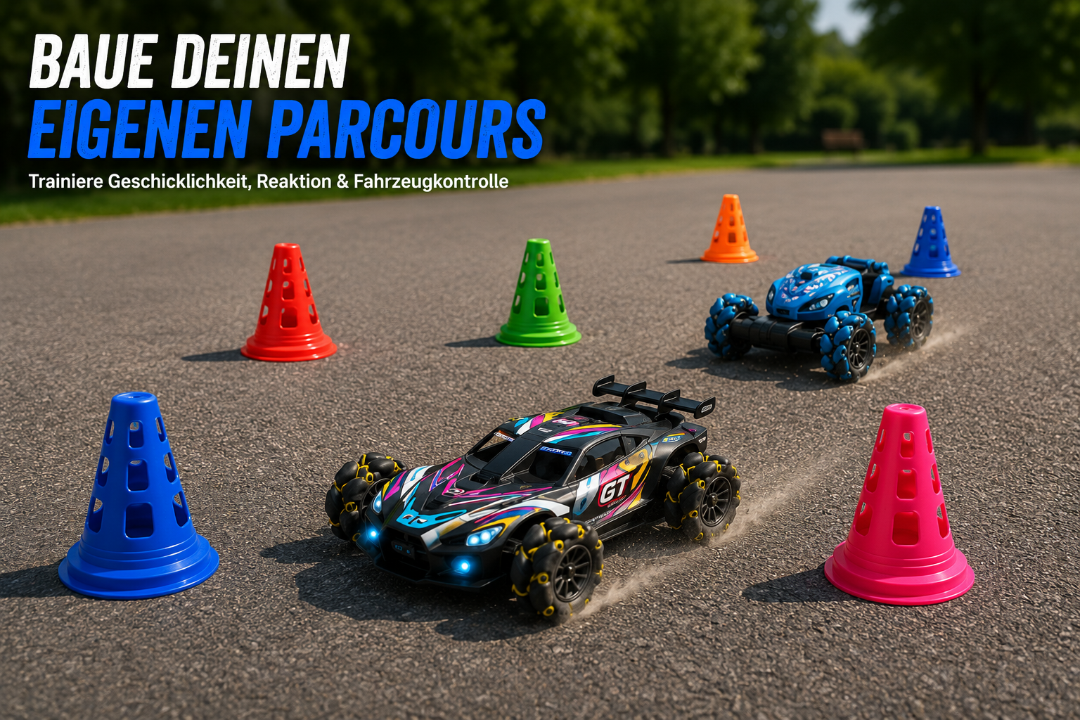 RC-Fahrzeuge im Slalom-Parcours mit Trainingskegeln zur Förderung von Geschicklichkeit, Reaktion und Fahrzeugkontrolle