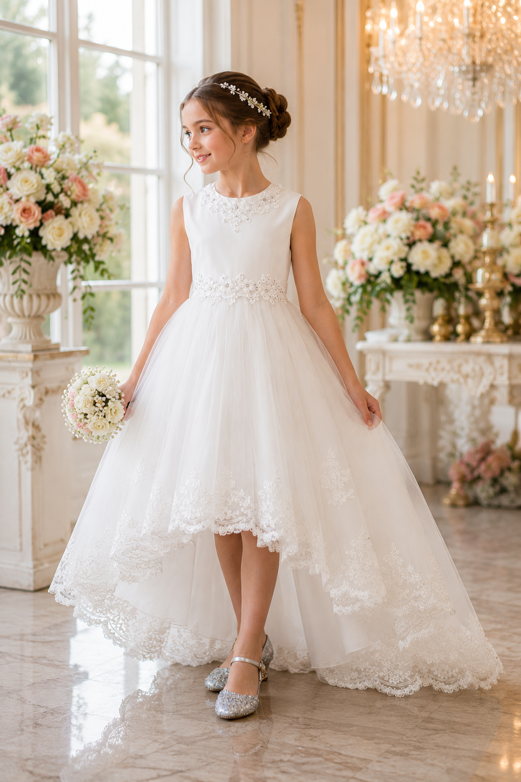 Florabelle Blumenmädchenkleid in Weiß mit High-Low-Schnitt, Spitzenbordüre und zarten Blütenapplikationen