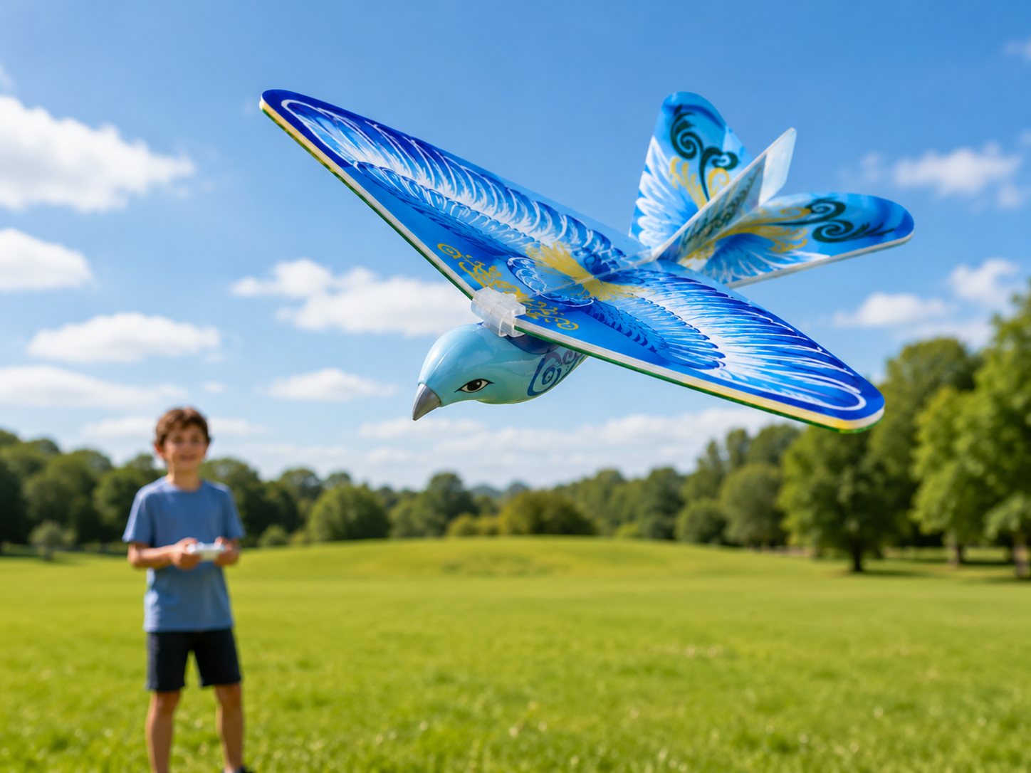 Kind steuert einen blauen E-BIRD Pigeon Flugvogel im Park – ferngesteuertes Flugspielzeug in Aktion