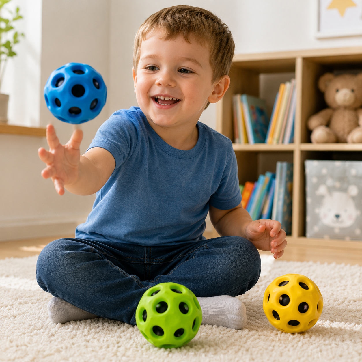 Kind spielt mit bunten Sensorik-Bällen und fördert spielerisch Motorik und Koordination.