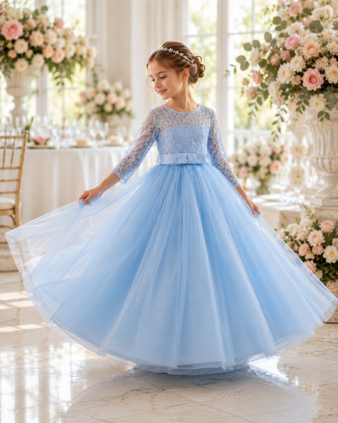 Mädchen trägt Elaria Festkleid in Hellblau mit Spitzenoberteil und voluminösem Tüllrock