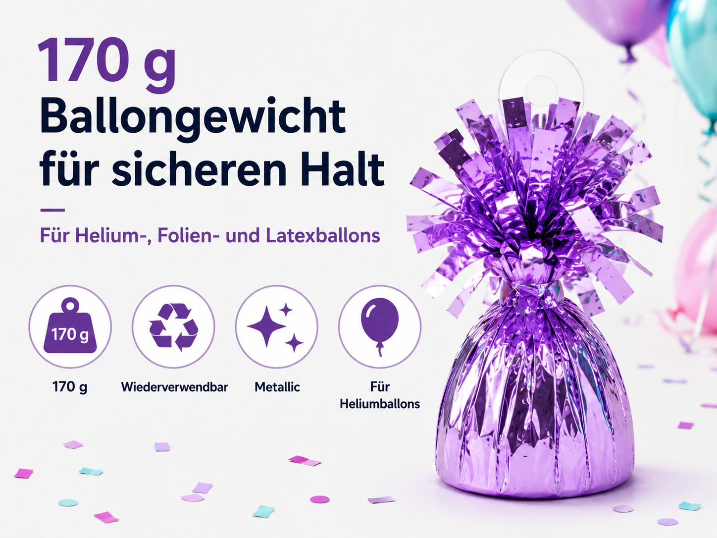 170 g Ballongewicht Metallic für sicheren Halt von Helium-, Folien- und Latexballons.