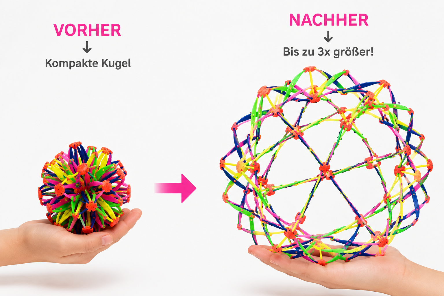 Expandable Ball im Vergleich – kompakte Kugel und vollständig geöffnete Kugel nebeneinander.