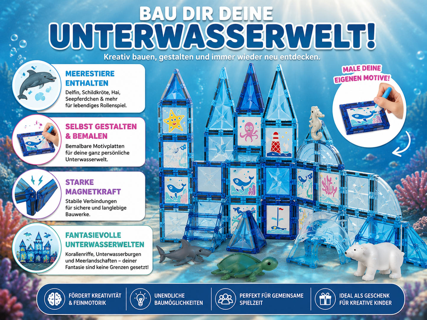 Ozean-Magnetbausteine mit Meerestieren, bemalbaren Motivplatten und starker Magnetkraft für fantasievolle Unterwasserwelten.