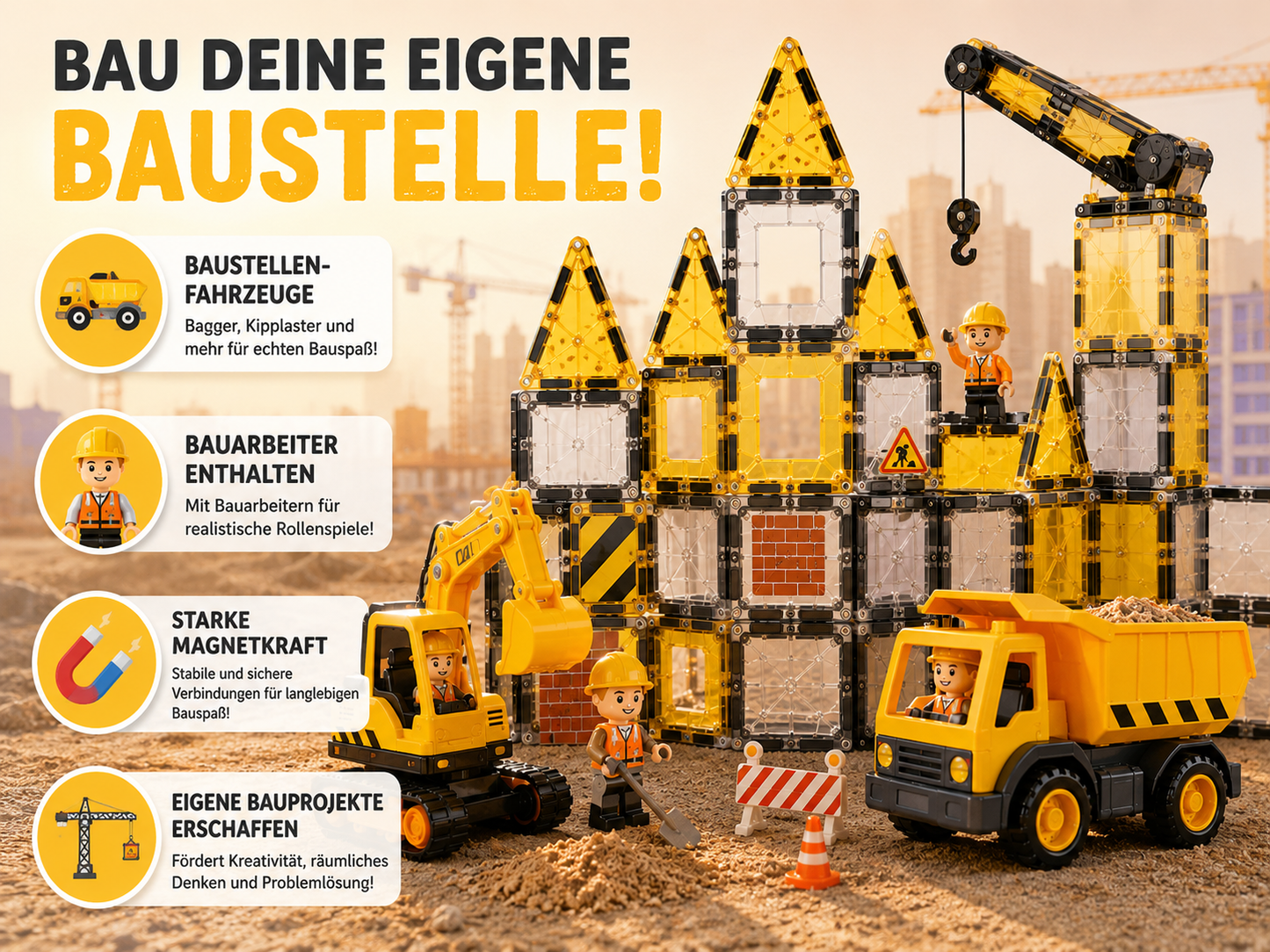 Magnetische Baustellenbausteine mit Baustellenfahrzeugen, Bauarbeitern und starker Magnetkraft für kreative Bauprojekte.
