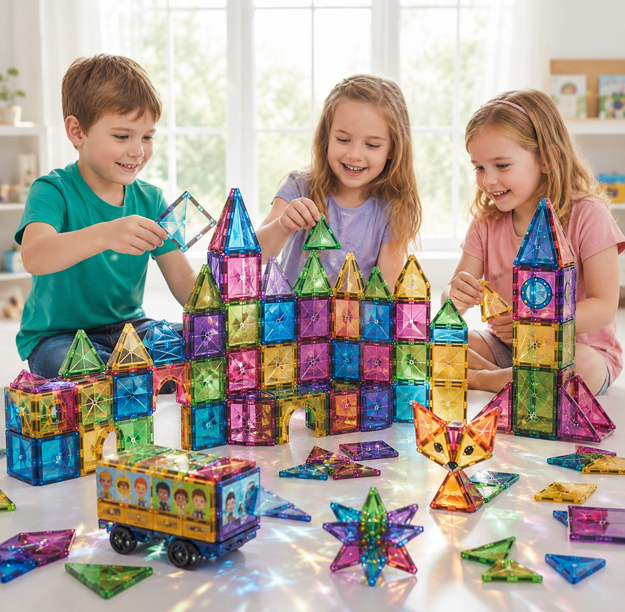 Kinder bauen gemeinsam mit Kaleidoskop Magnetbausteinen farbenfrohe Türme, Häuser und kreative Konstruktionen.
