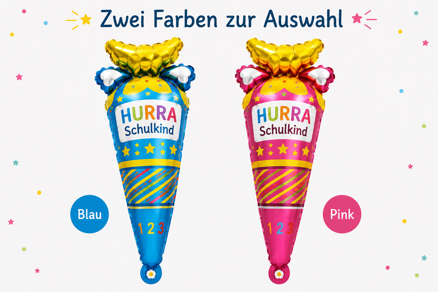 Hurra Schulkind Schultütenballon zur Einschulung in zwei Farben Blau und Pink zur Auswahl.