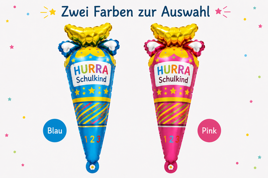 Hurra Schulkind Schultütenballon zur Einschulung in zwei Farben Blau und Pink zur Auswahl.