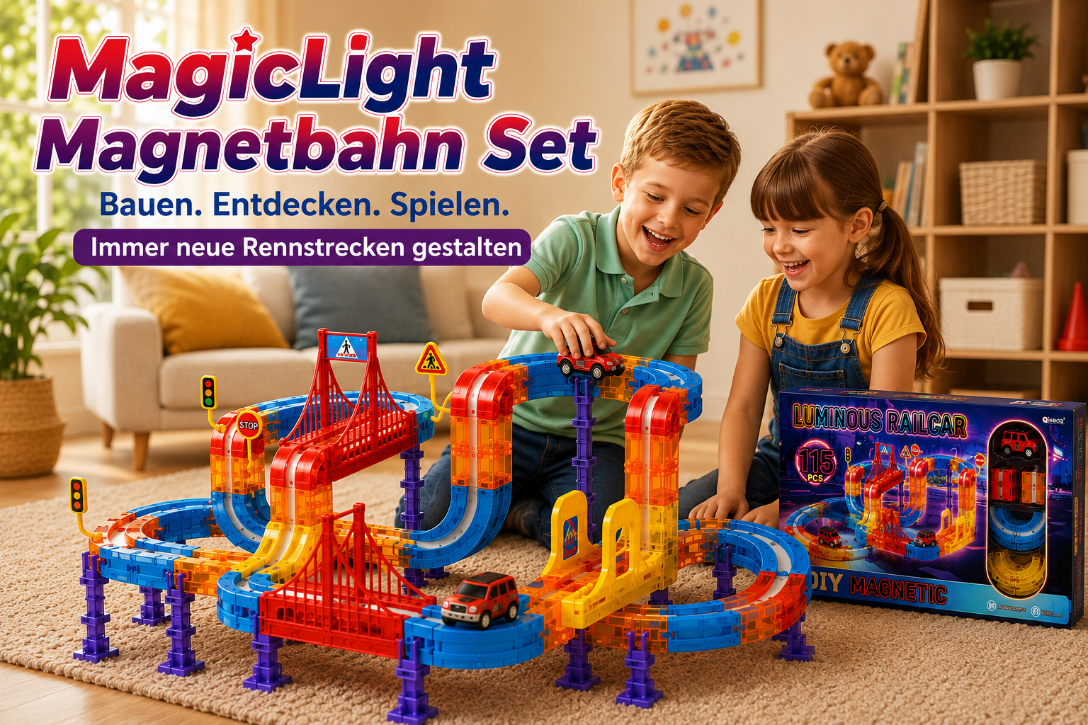 Zwei Kinder spielen begeistert mit der MagicLight Magnetbahn und lassen die leuchtenden Kugeln über die Strecke rollen.