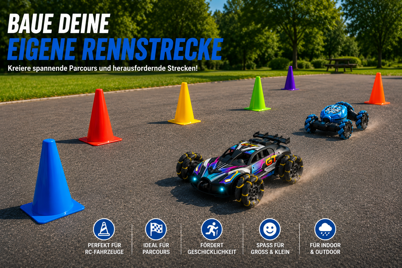 RC-Fahrzeuge auf einem Parcours mit Markierungskegeln – baue deine eigene Rennstrecke für spannende Rennen und Geschicklichkeitsübungen