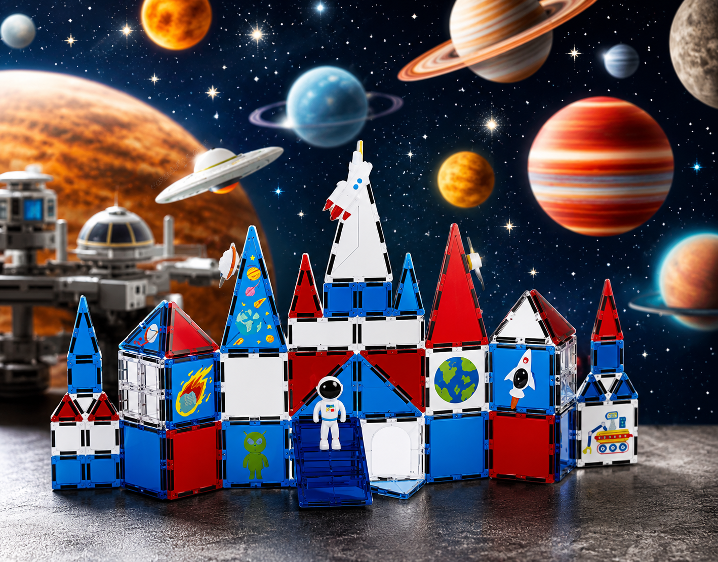 MagneticGalaxy Magnetbausteine Weltraum 60-teilig mit Raumstation, Raketen, Astronaut und Planetenmotiven.