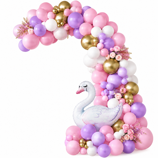 Schwan Ballongirlande mit 152 Ballons in Rosa, Weiß, Lila und Gold für Babyshower, Taufe und Geburtstag.