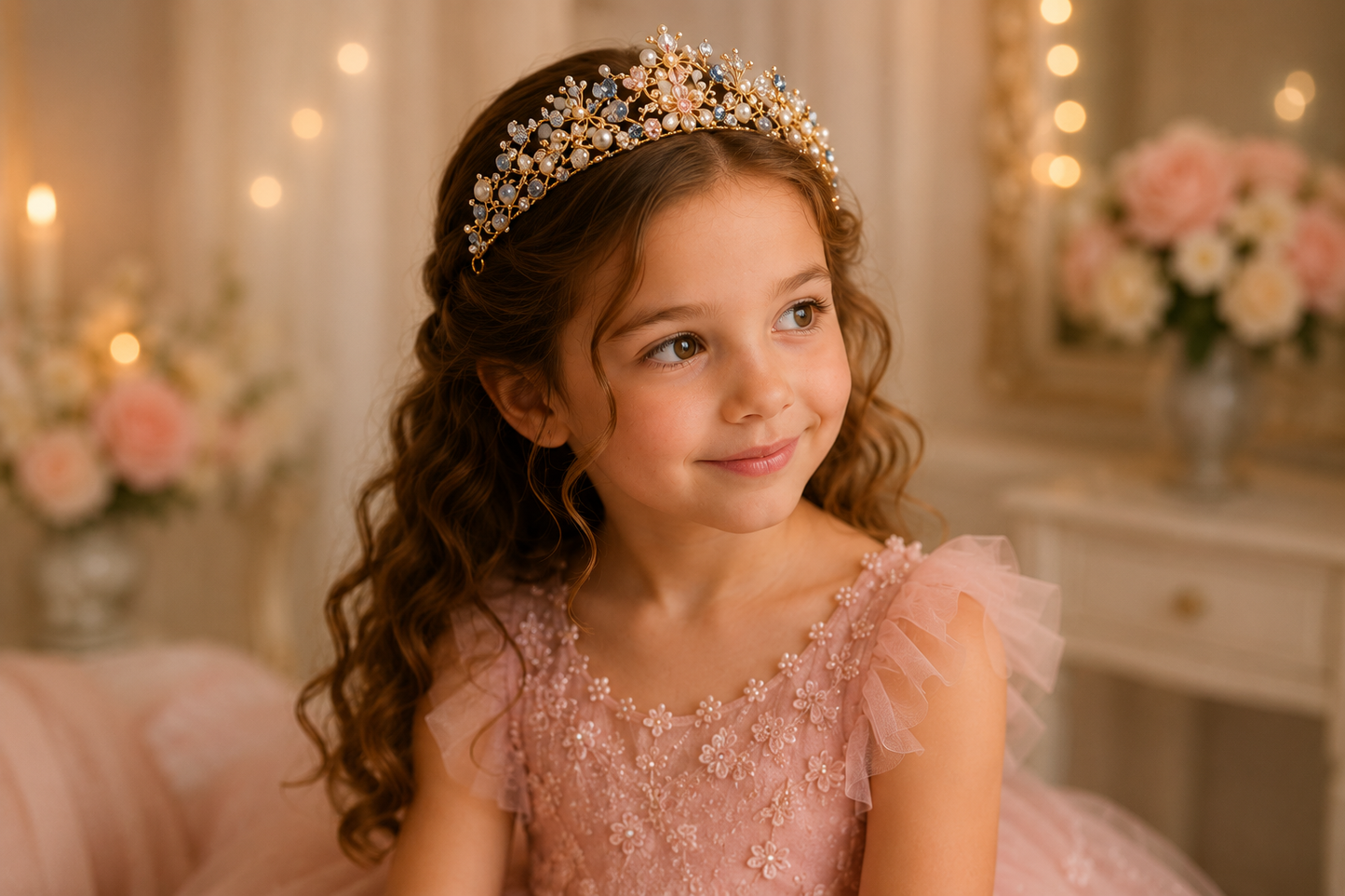 Tiara Floravienne Detailansicht – filigrane Blüten- und Rankenmotive mit Schmucksteinen
