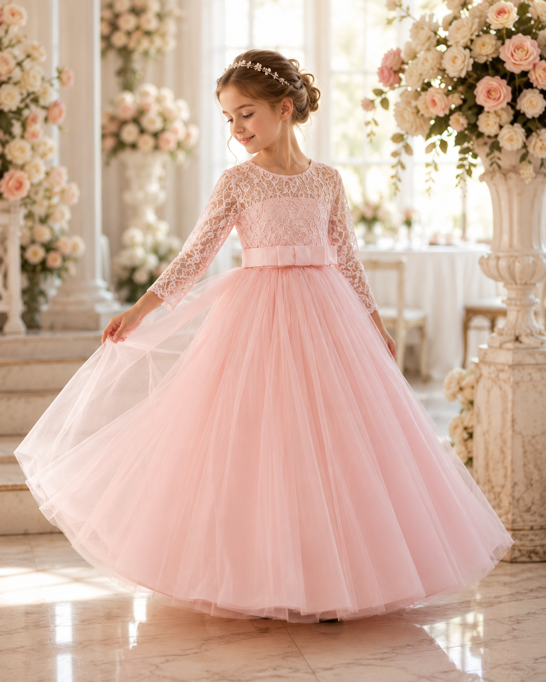 Mädchen trägt Elaria Festkleid in Rosa mit Spitzenärmeln und elegantem Prinzessinnenrock