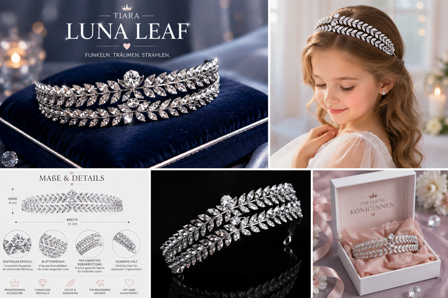 Tiara Luna Leaf – Mehrere Ansichten der silbernen Kristall-Tiara