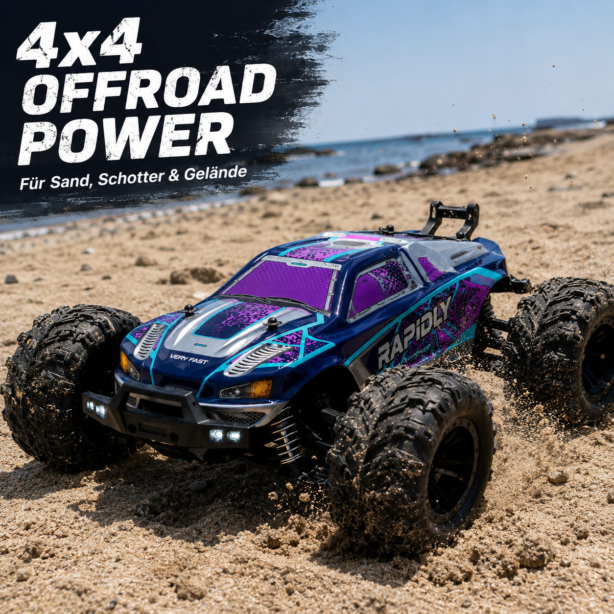 Rapidly RC Monstertruck 4x4 im Gelände auf Sand und Schotter