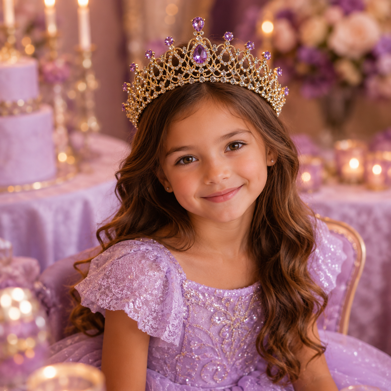 Tiara Auravie – Mehrere Ansichten der goldenen Kristall-Tiara in Violett