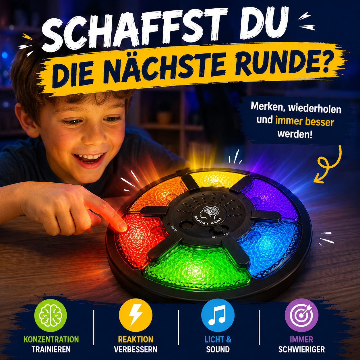 Kind spielt Memory Game und trainiert spielerisch Gedächtnis, Konzentration und Reaktionsvermögen