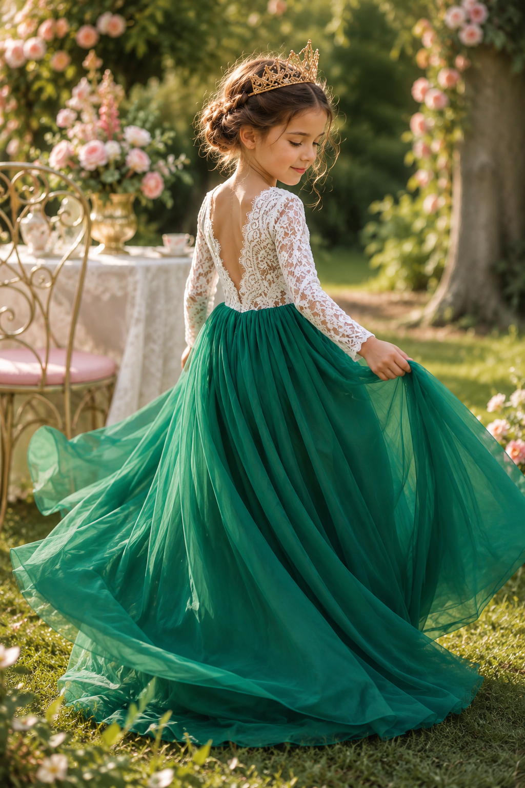 Mädchen trägt das Prinzessinnenkleid Sylvara in einem romantischen Garten mit Blumen und natürlicher Kulisse