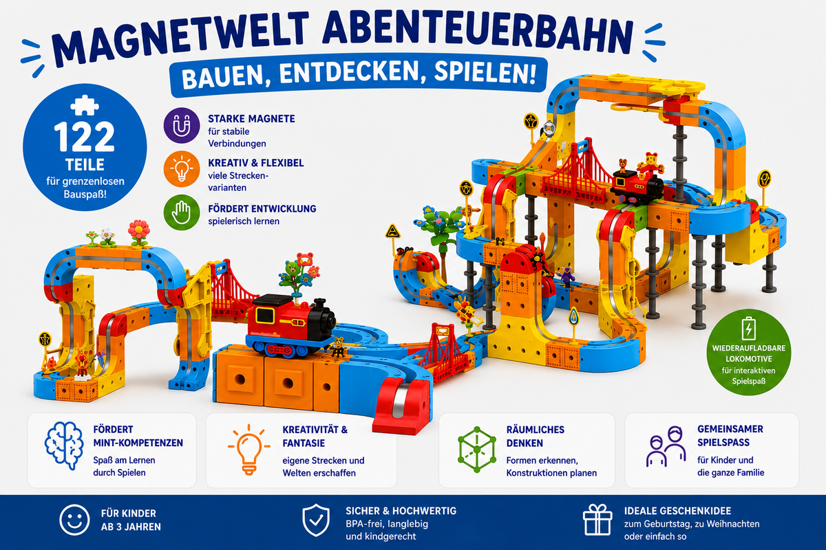 Magnetwelt Abenteuerbahn mit 122 Teilen, starken Magneten, Akku-Lok und kreativen Streckenvarianten.