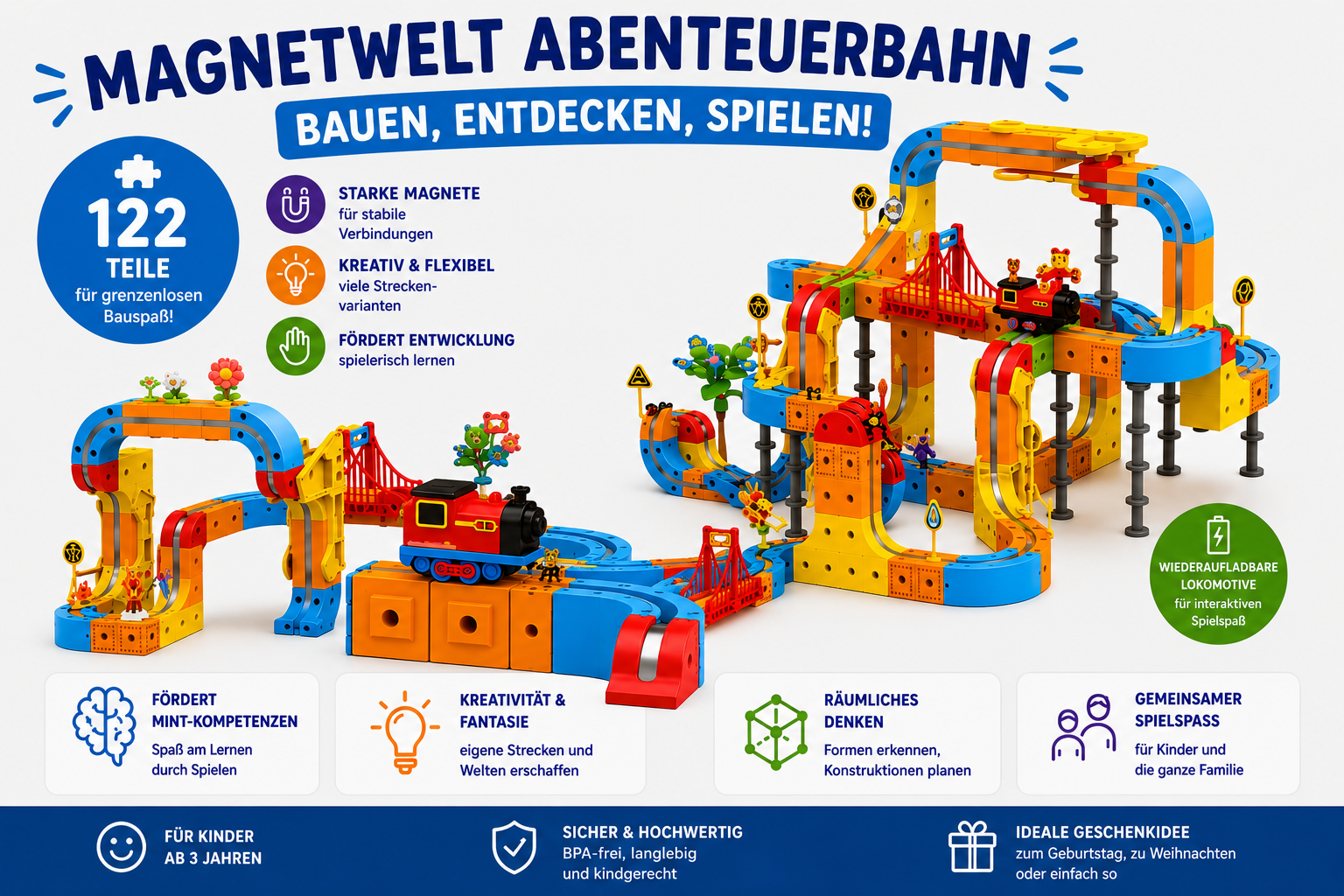 Magnetwelt Abenteuerbahn mit 122 Teilen, starken Magneten, Akku-Lok und kreativen Streckenvarianten.