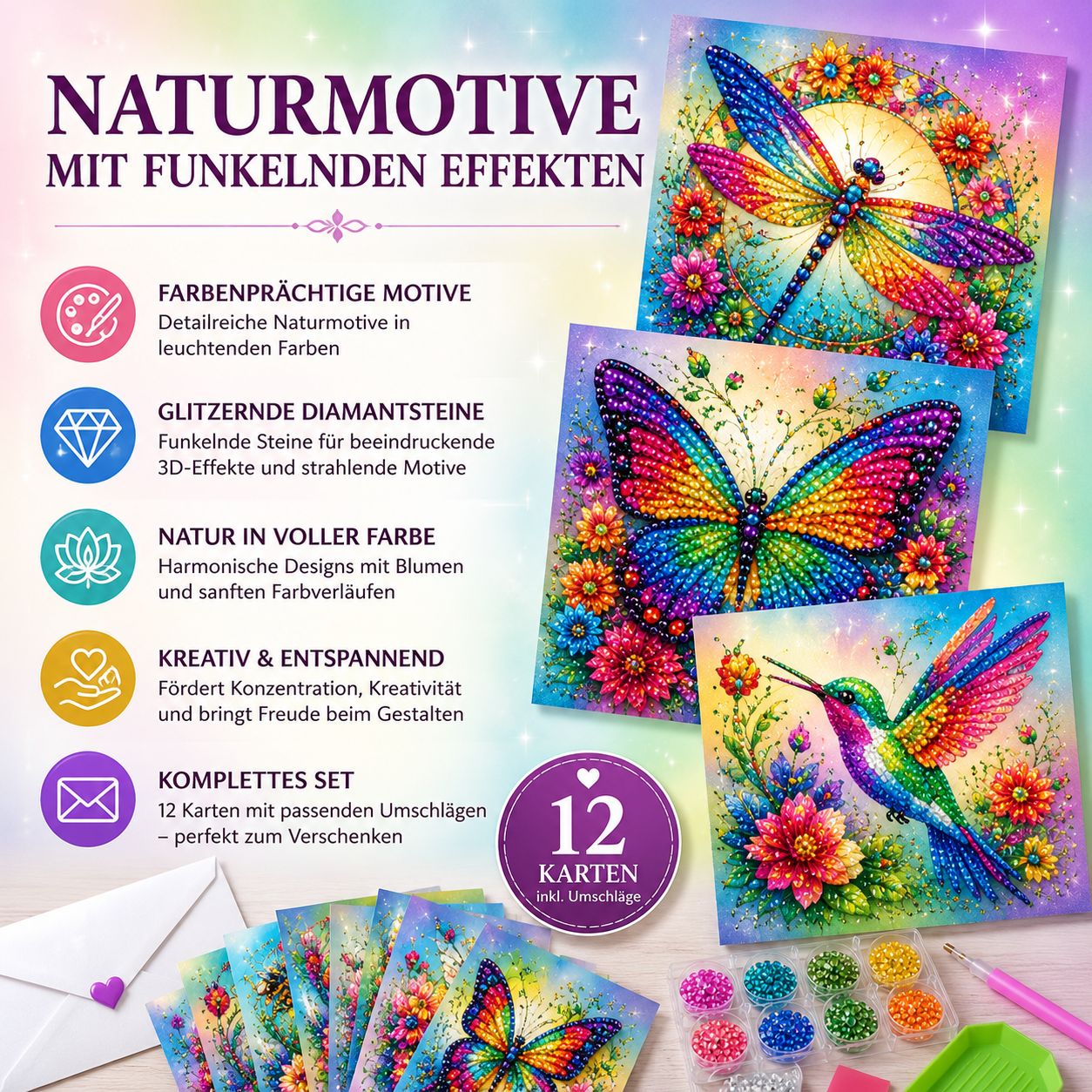 Diamond Painting Grußkarten mit Naturmotiven und funkelnden Diamantsteinen