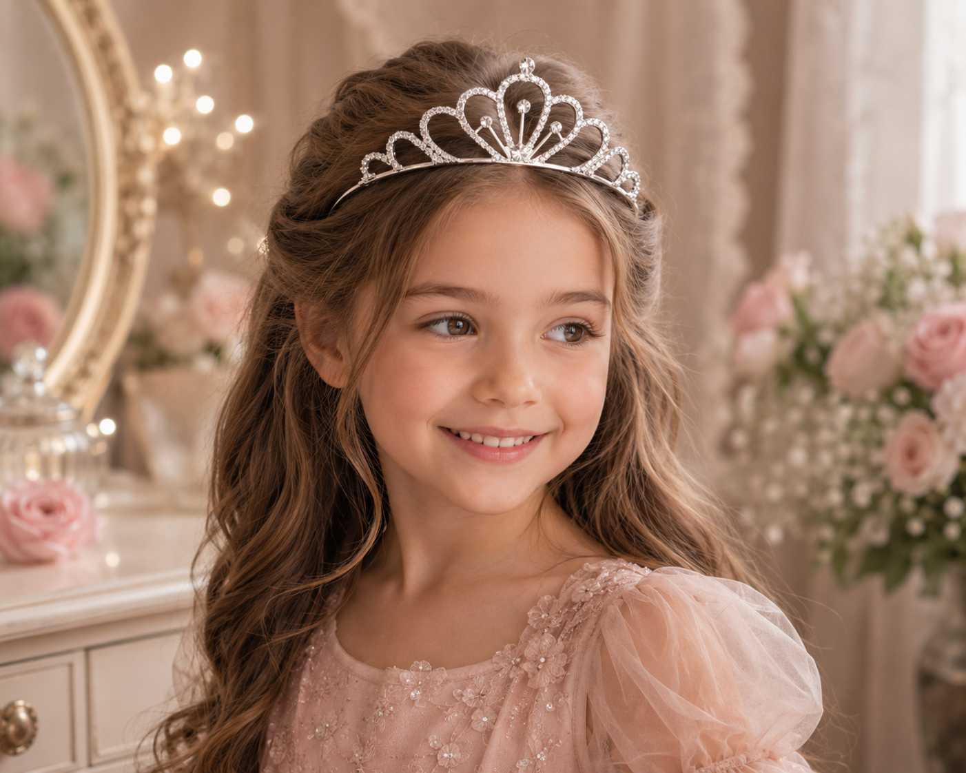 Mädchen trägt die Tiara Aurelia – silberne Märchen-Tiara mit funkelnden Kristallsteinen