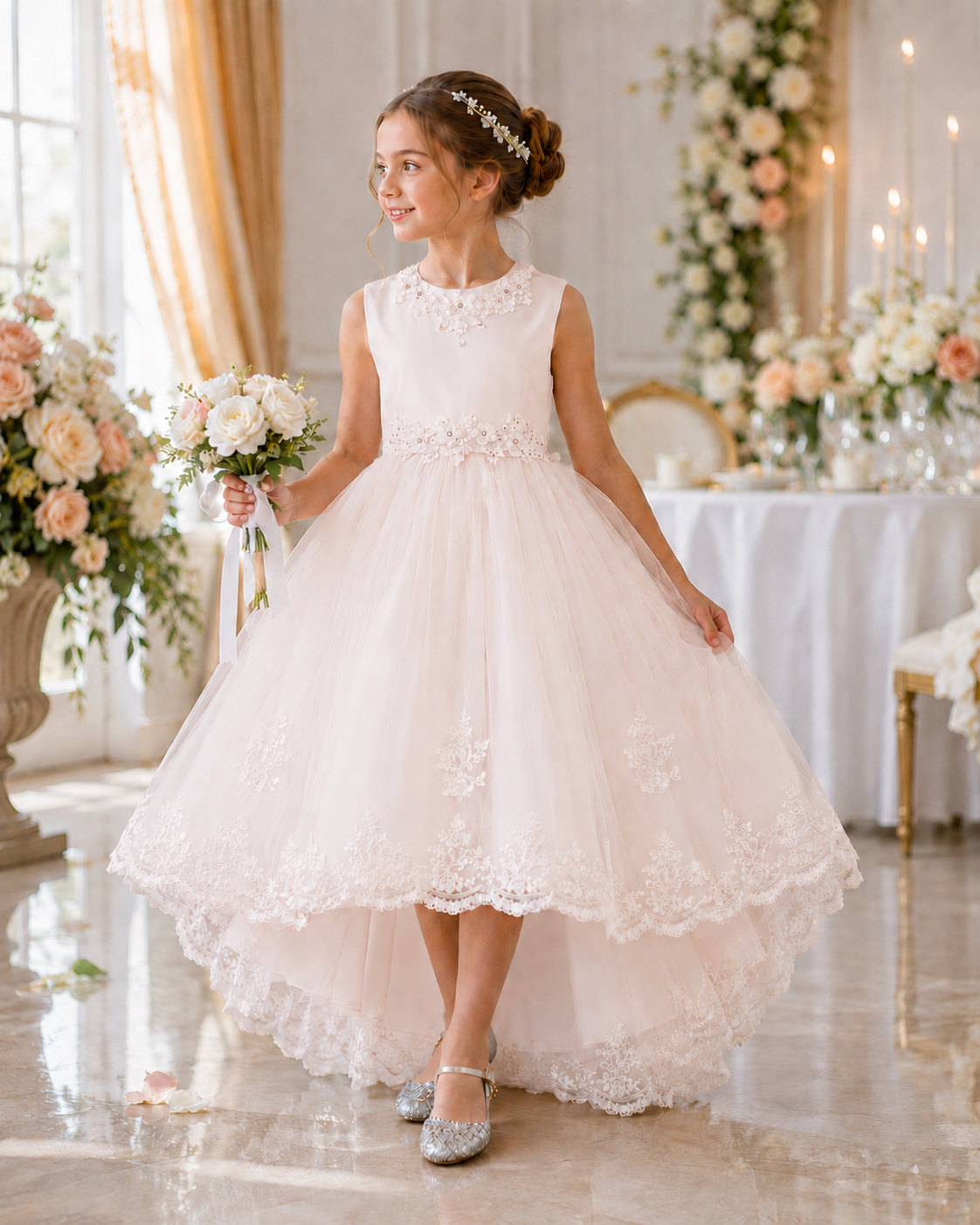 Blumenmädchen im zart lachs Florabelle Kleid mit Blumenstrauß bei einer eleganten Hochzeitsfeier