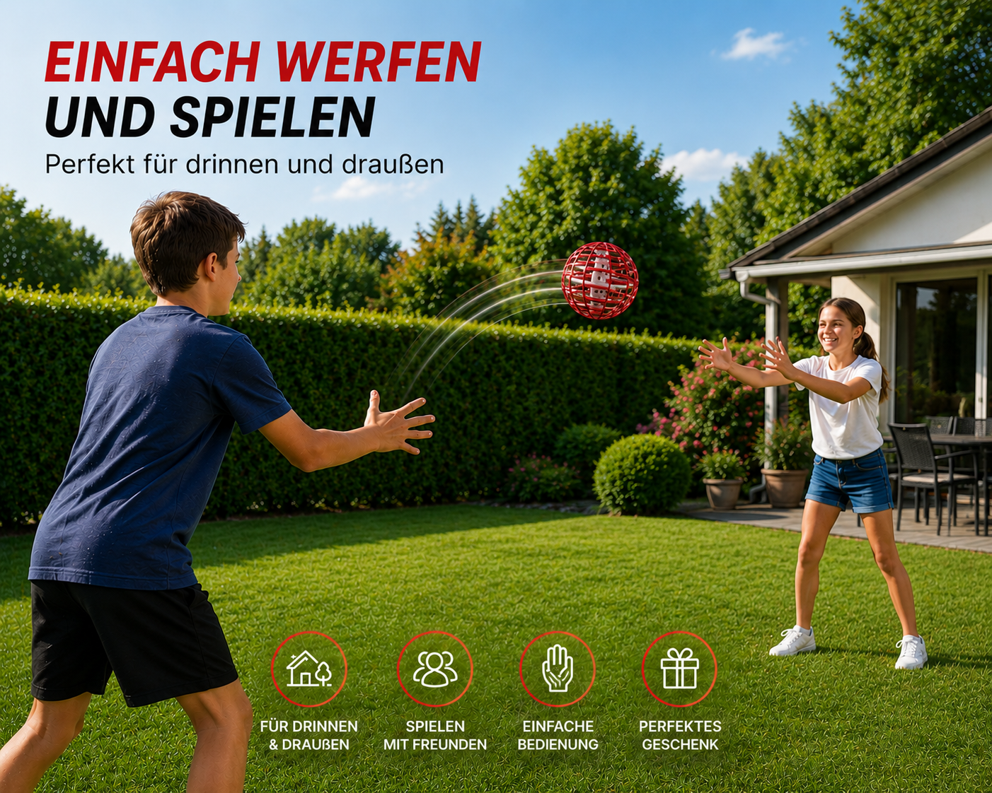 Kinder spielen im Garten mit dem Magic Flight Ball und werfen sich den Flugball gegenseitig zu