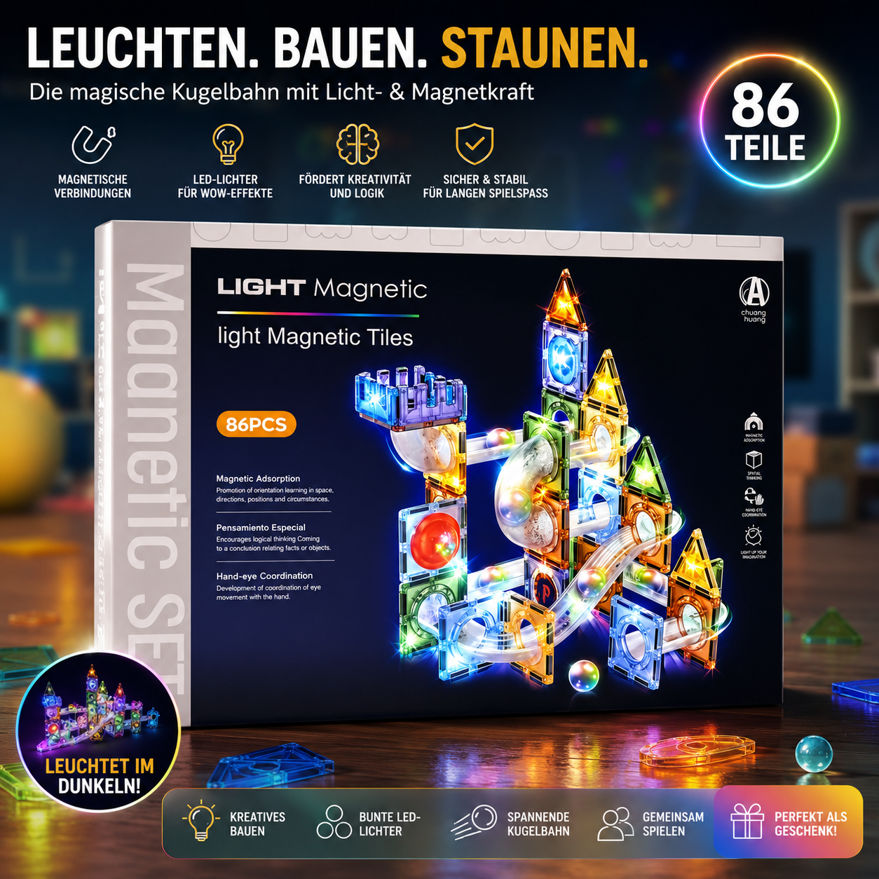 86-teiliges Magnetbausteine Set mit LED-Kugelbahn, Lichteffekten und kreativem Bauspielzeug.