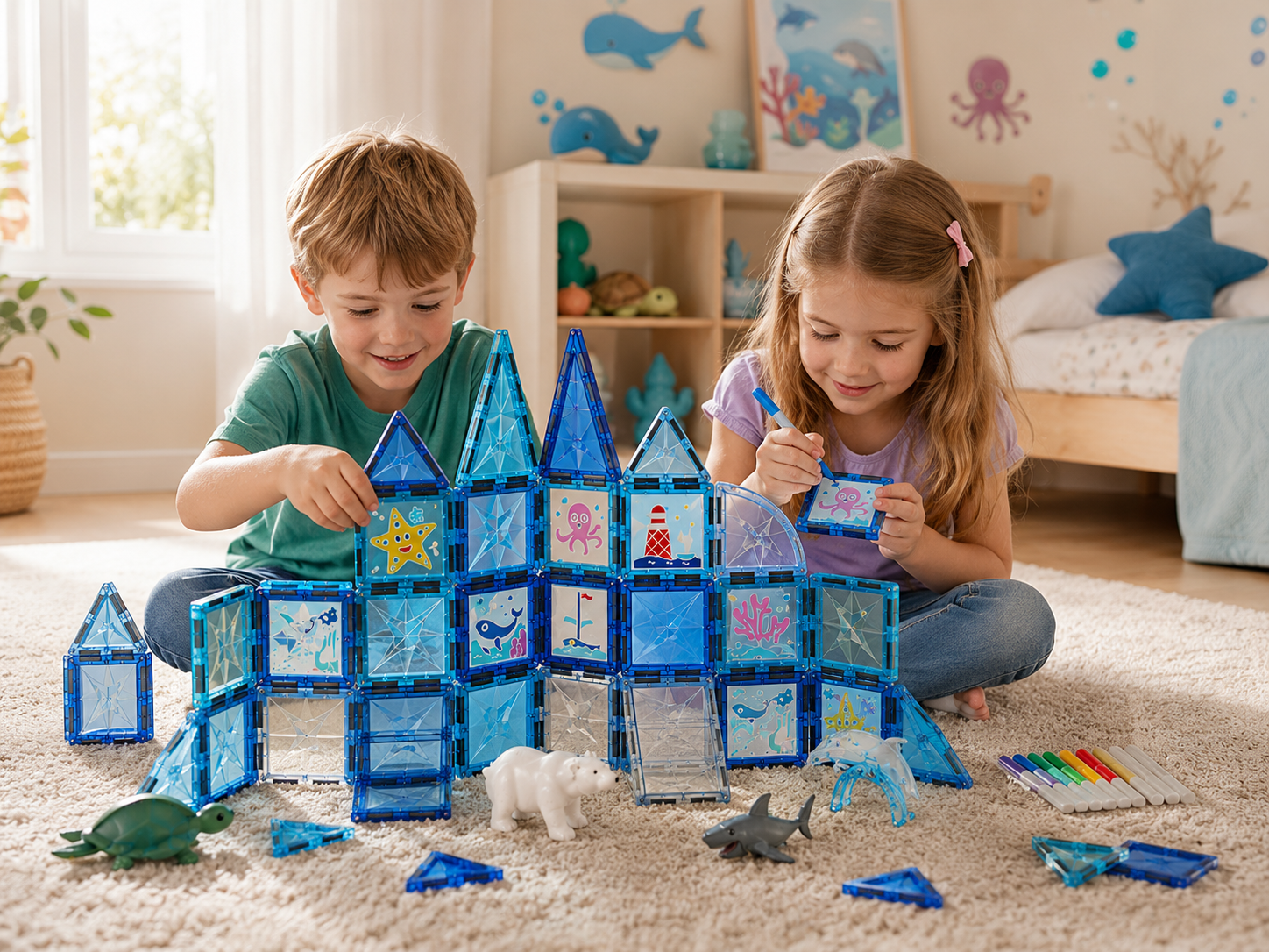 Kinder bauen gemeinsam eine Unterwasserburg aus magnetischen Ozean-Bausteinen und entdecken kreative Meereswelten.