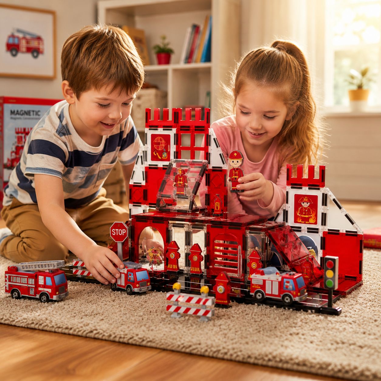 Kinder spielen mit einer magnetischen Feuerwehrstation und bauen eigene Rettungseinsätze.