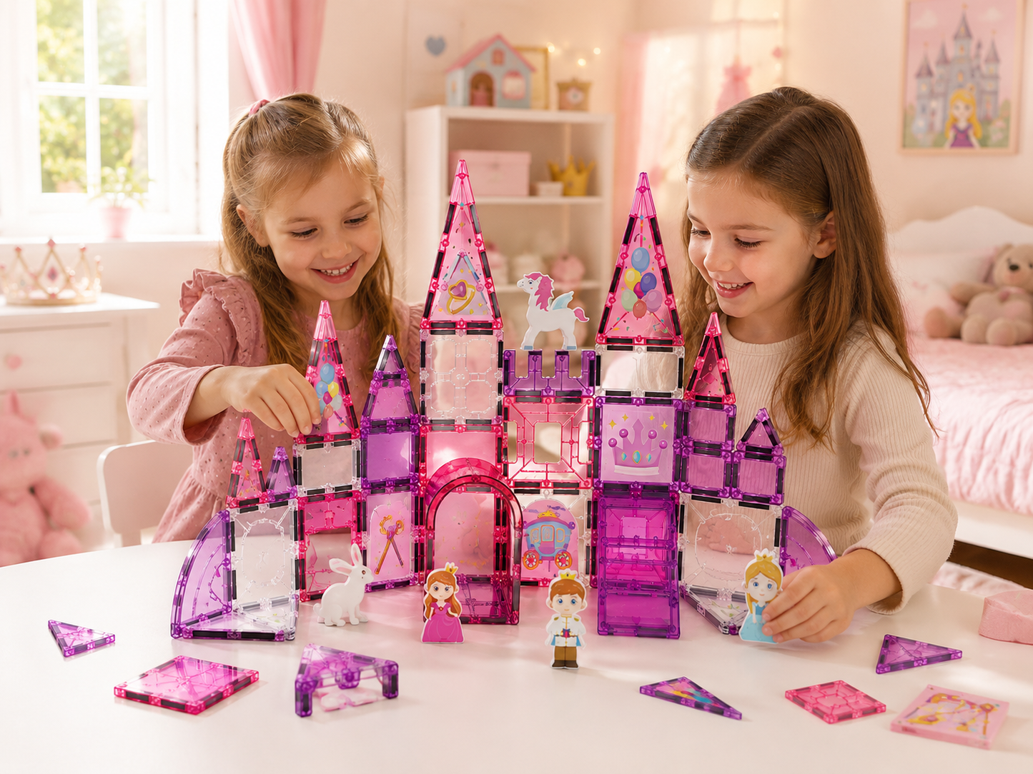 Kinder bauen gemeinsam ein Prinzessinnenschloss aus Magnetbausteinen und erleben kreative Rollenspiele.