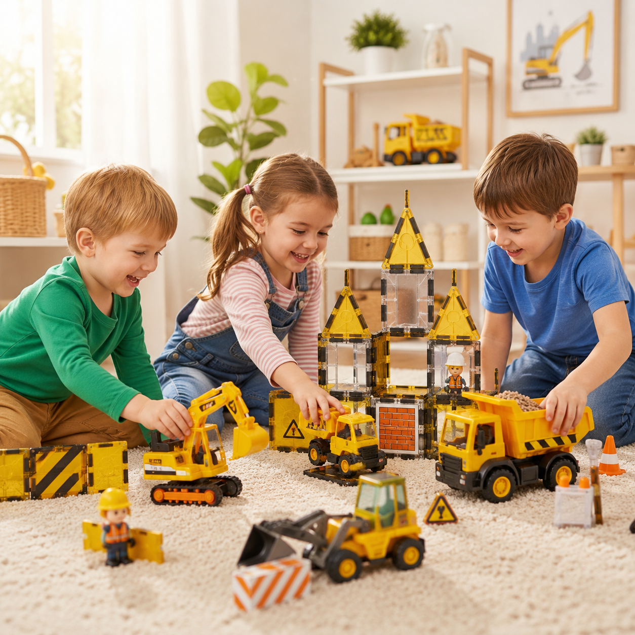 Kinder bauen gemeinsam eine Baustelle aus Magnetbausteinen mit Bagger, Laster und Bauarbeiterfiguren.