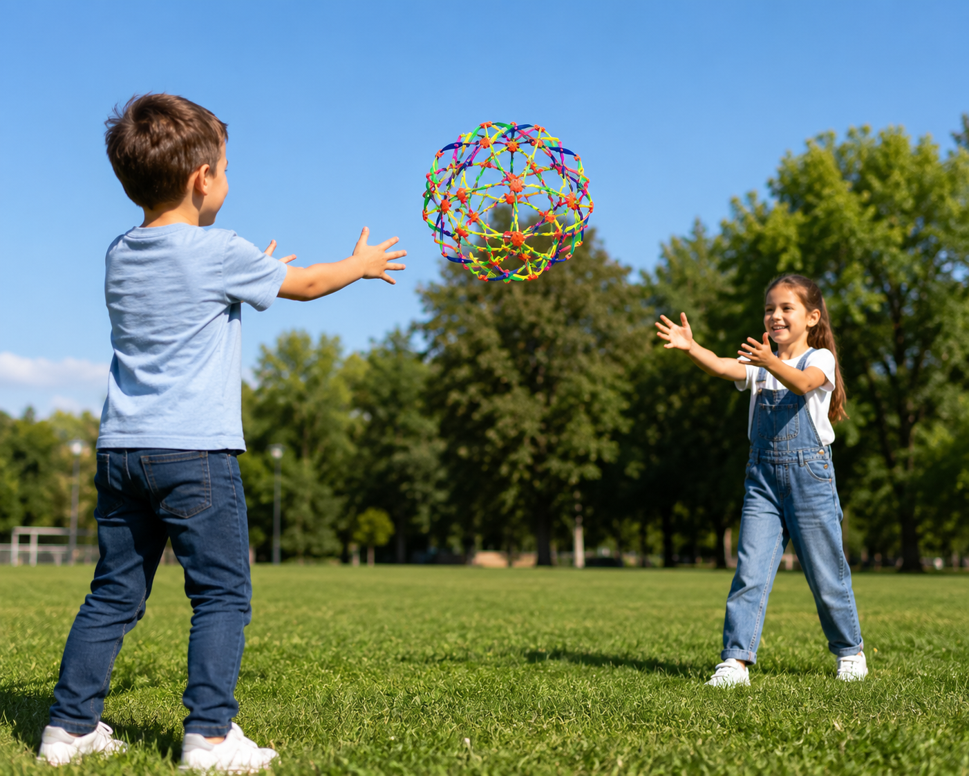 Zwei Kinder werfen sich einen bunten Expandable Ball im Garten gegenseitig zu.