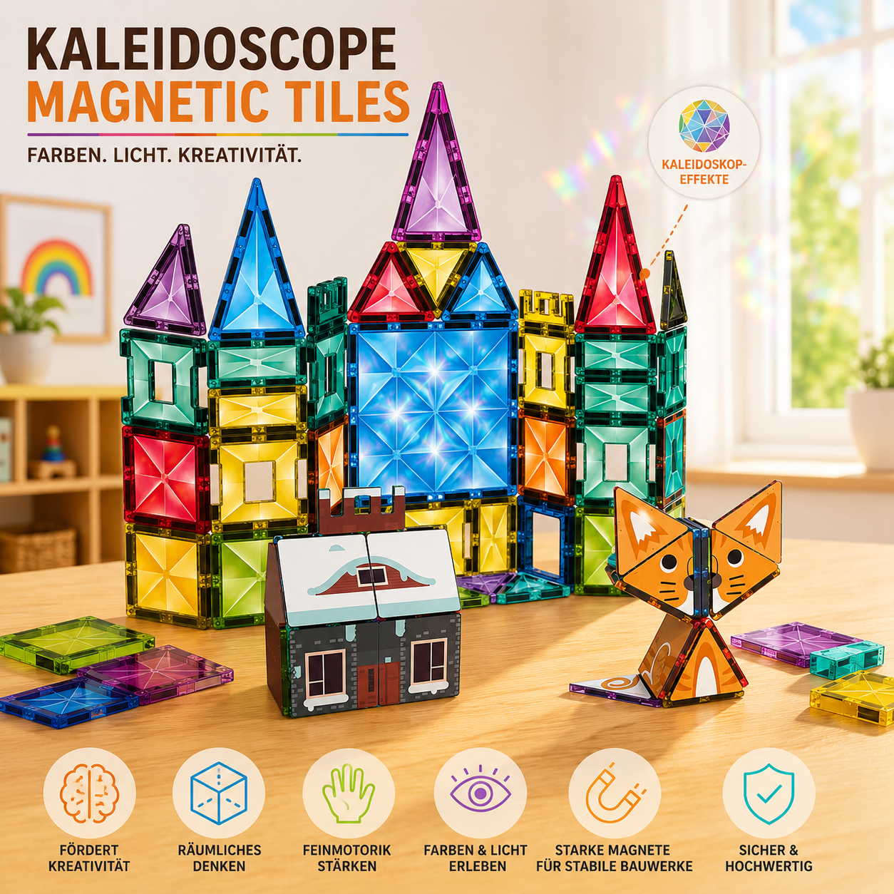 Kaleidoskop Magnetbausteine mit schimmerndem Schloss, Tierfigur und kreativen Bauideen aus transparenten Magnetplatten.