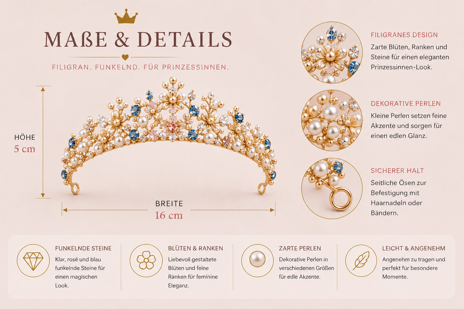 Tiara Floravienne Prinzessinnen Krone in Goldoptik – Geschenkidee für Kindergeburtstage
