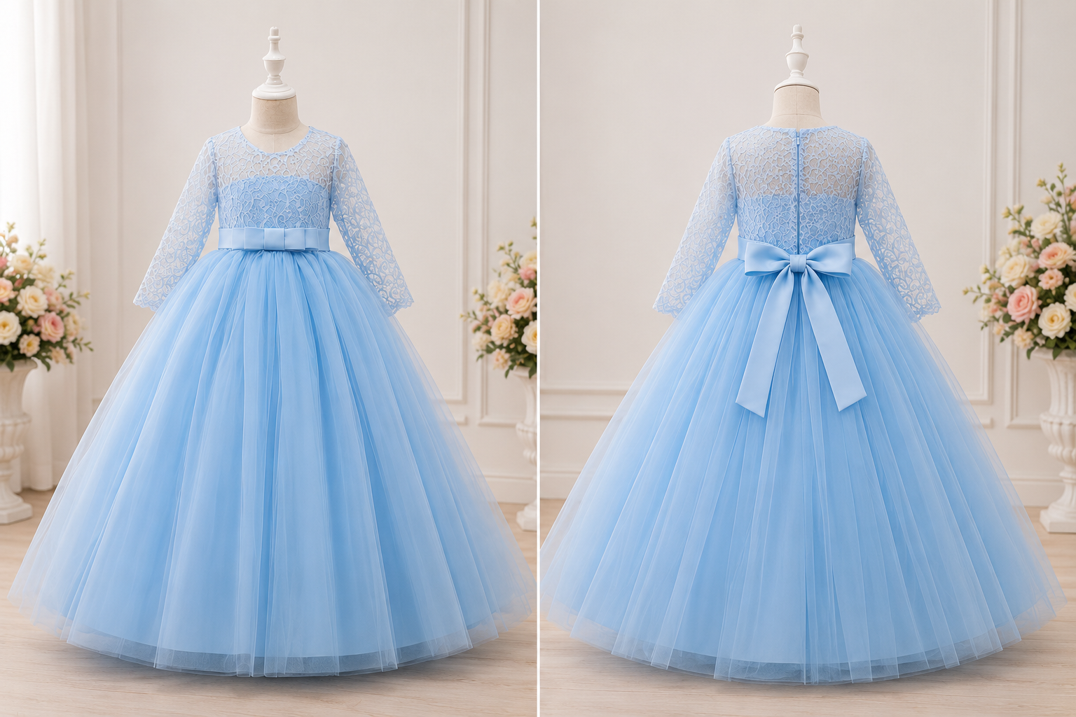 Elaria Mädchenkleid in Hellblau Vorder- und Rückansicht mit Schleife und Spitzenoberteil