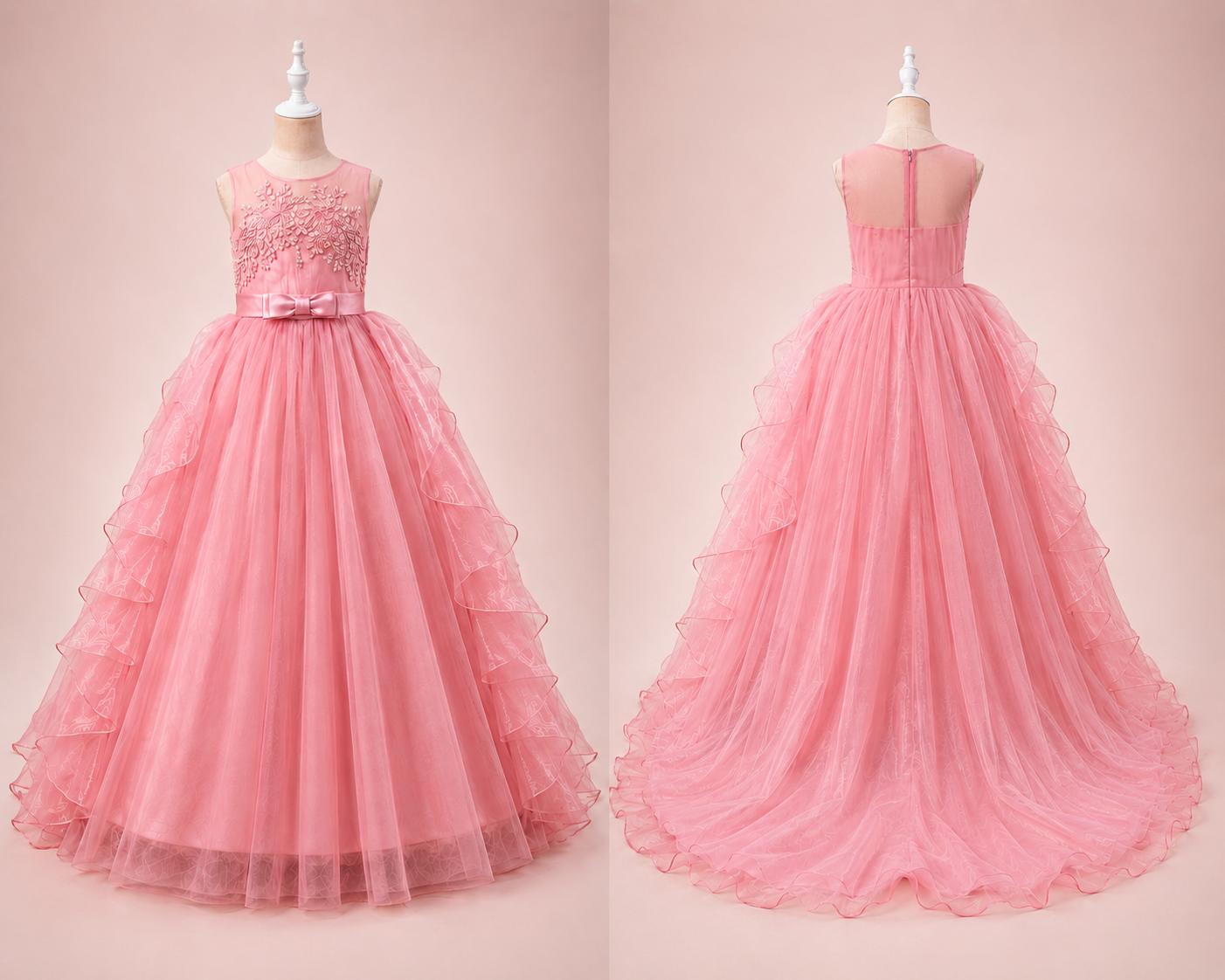 Majestia Mädchenkleid in Rosa Vorder- und Rückansicht mit langer Schleppe und Satinband