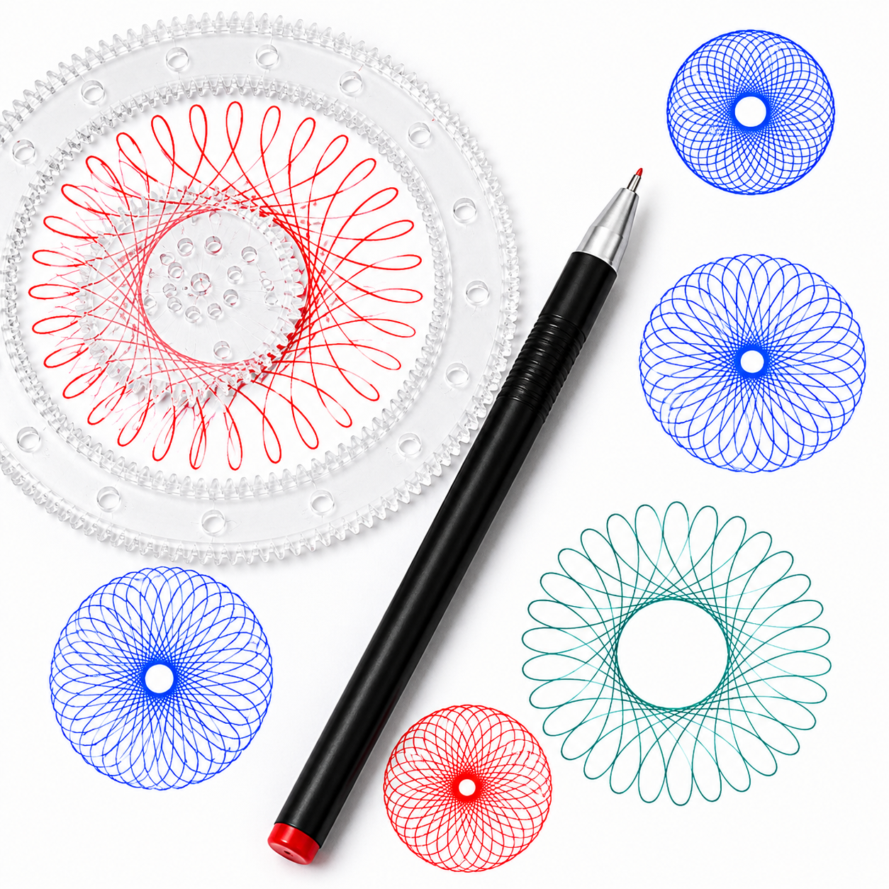 Spirograph Schablonen, Zahnräder und Stift zur Erstellung geometrischer Muster und Designs