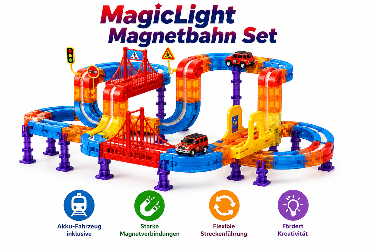 Transparente MagicLight Magnetbahn in bunten Farben mit Loopings, Rampen und leuchtenden Magnetkugeln aufgebaut.